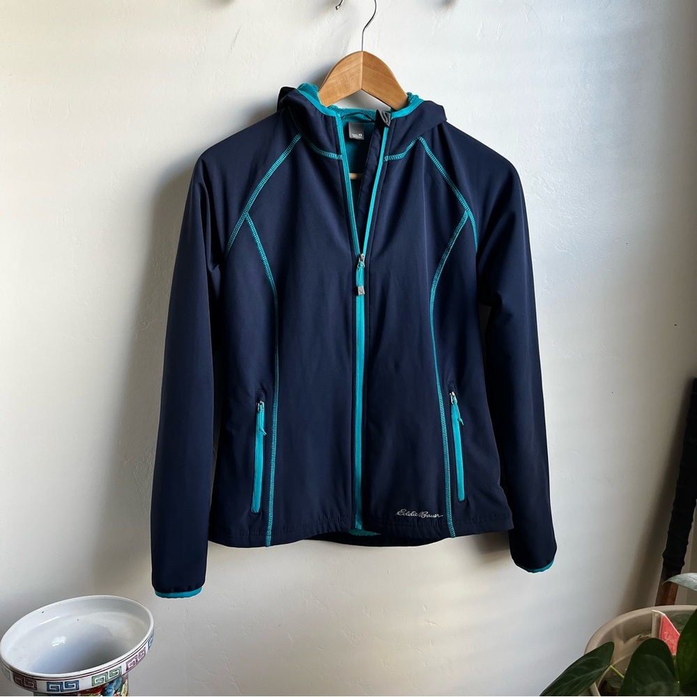 Eddie Bauer Navy Blue Jacket With Soft Teal Fur Lining XS EUC